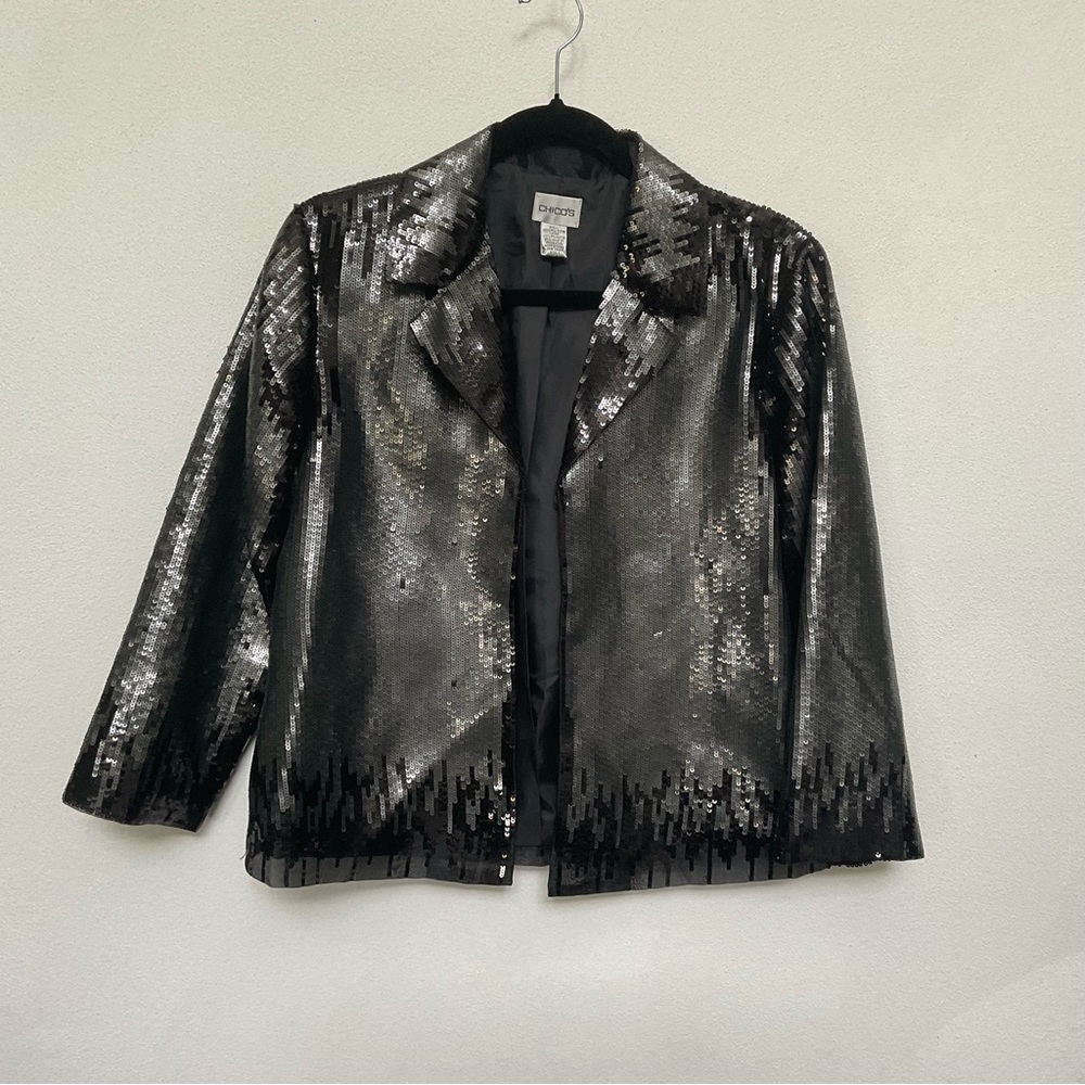 Chico's Black Sequined Open Front Lapel Blazer Formal Dance Event Size 1 US M/8